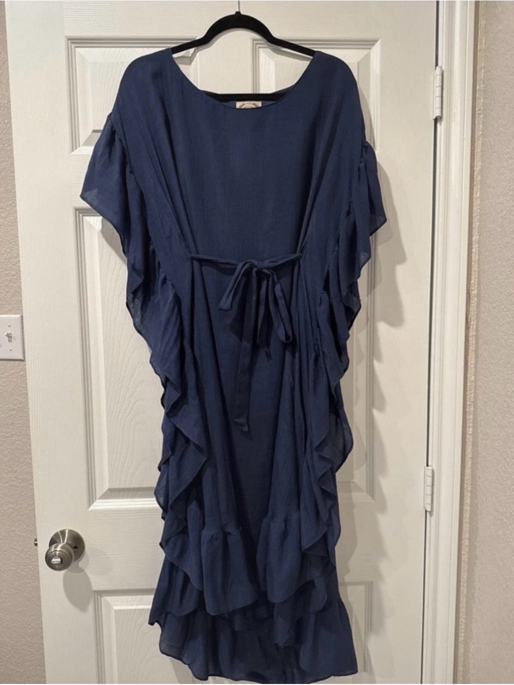 Joyfolie Navy Ruffle Maxi Dress with Tie Waist